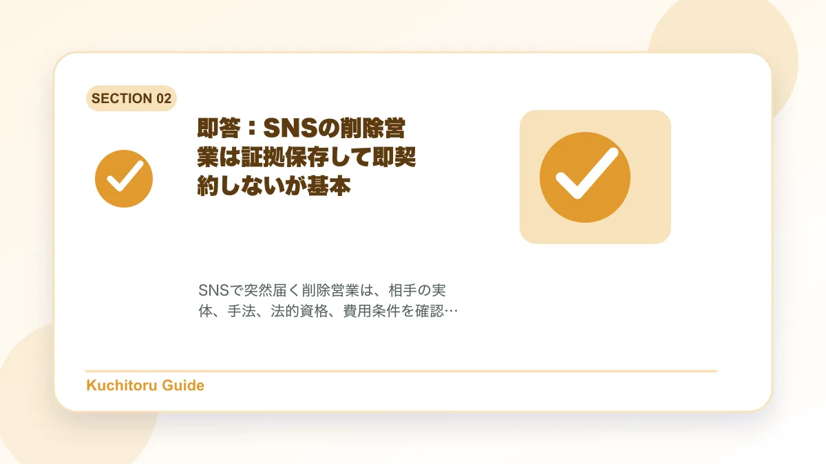 即答:SNSの削除営業は証拠保存して即契約しないが基本の要点図解