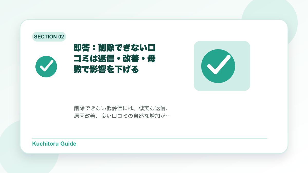 即答:削除できない口コミは返信・改善・母数で影響を下げるの要点図解